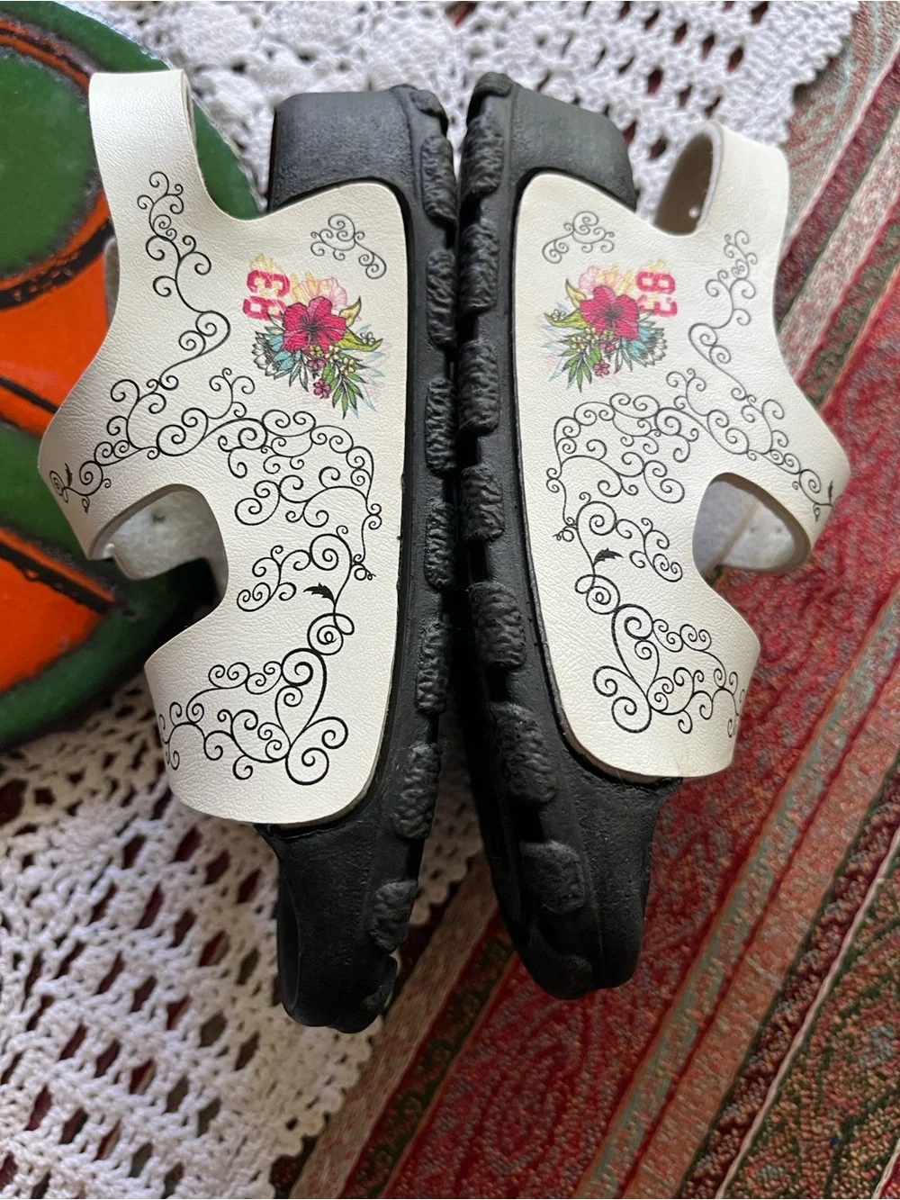 Birkenstock Kids White Floral Buckle Sandals with Black Footbed